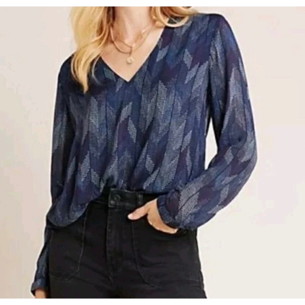 Anthropologie Cloth & Stone Women Blouse Large Blue V-Neck Long Sleeve Top Artsy